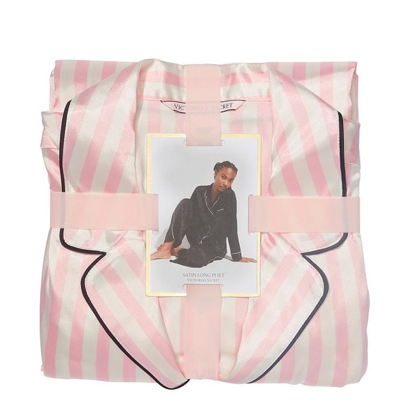 Victoria's Secret Satin Long Pajama Set Pink Iconic Stripe Medium (Short) NWT - Picture 5 of 5